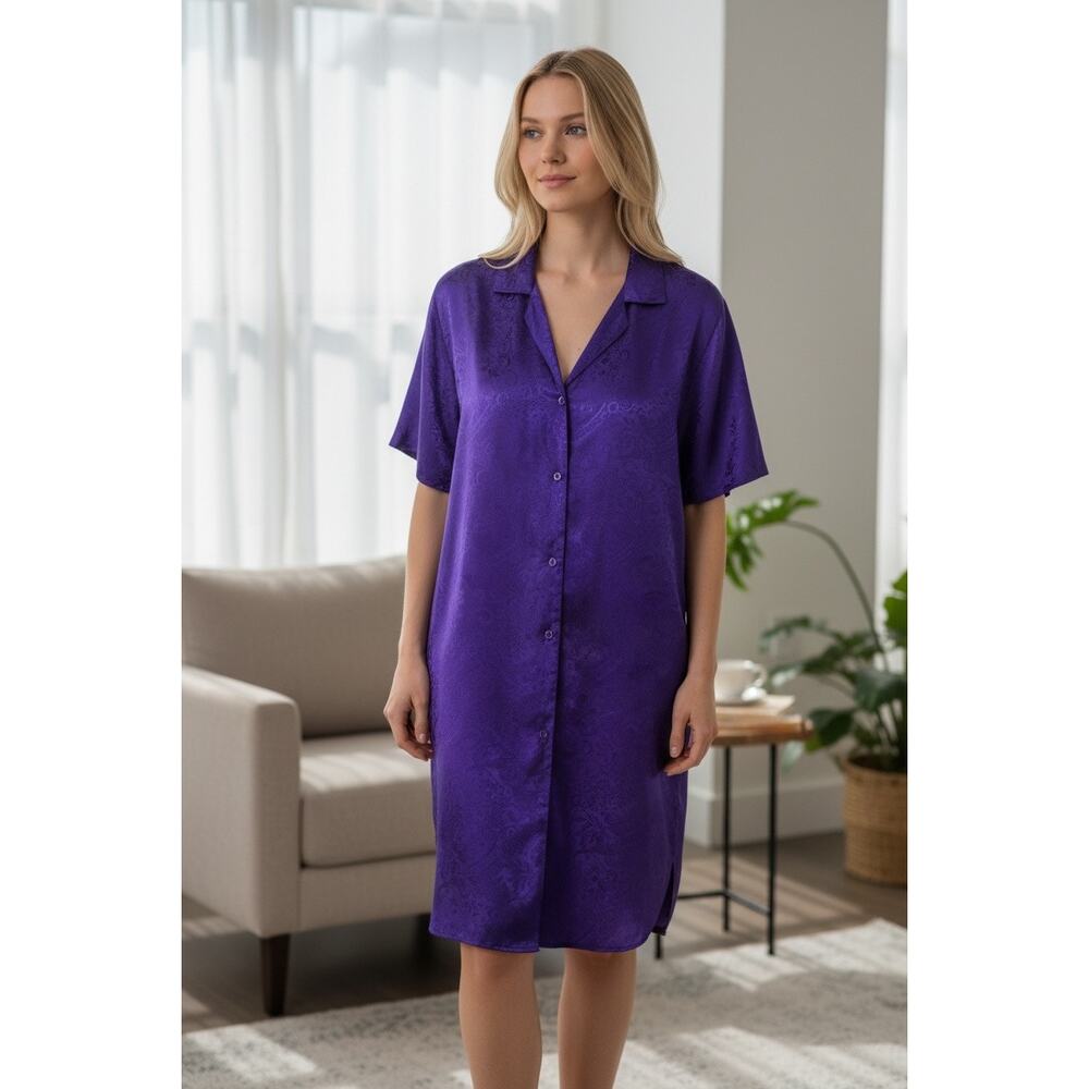 Solange Satin Purple Nightgown Sleep Shirt 14/16 Glam Lounge Wear